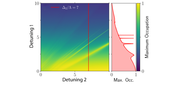 A heatmap shows "Maximum Occupation" as a function of "Detuning 1" (x-axis) and "Detuning 2" (y-axis). A red line links to the right panel, where a red curve highlights occupation values.