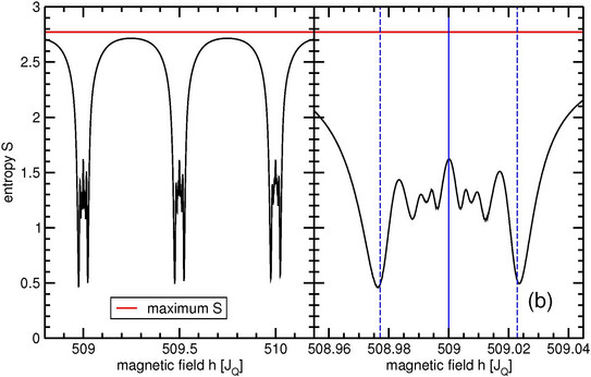 Figure showing the entropy as a function of the external magnetic field, which has sharp minima at certain values.