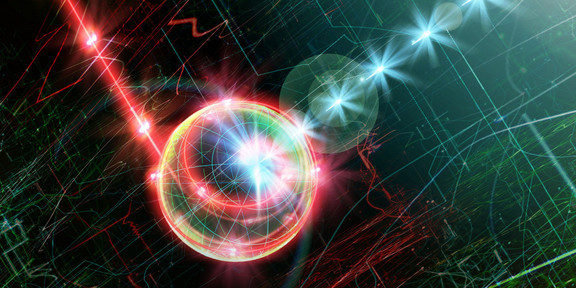 On a black background, many colored lines can be seen running in different directions. In the center of the image, a thicker red ray and a thicker blue ray meet in a circular formation of light rays.