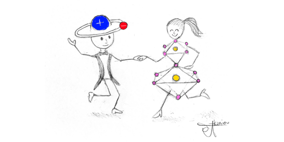 Two stick figures dancing with each other