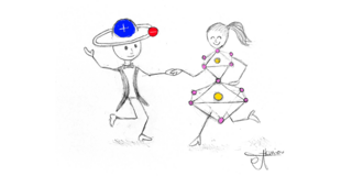 Two stick figures dancing with each other
