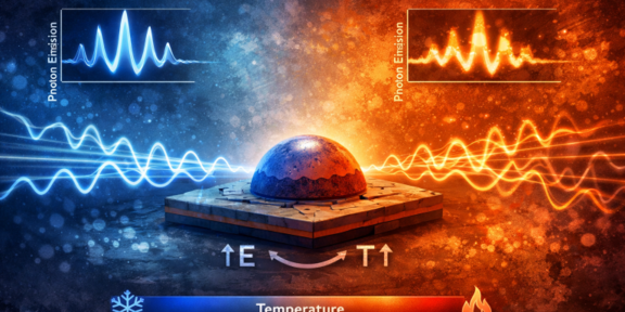A quantum dot emitting photons to a blue side, representing low temperatures, and to red side, representing elevated temperatures.