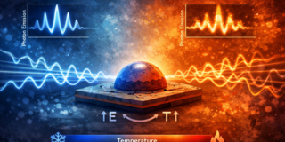 A quantum dot emitting photons to a blue side, representing low temperatures, and to red side, representing elevated temperatures.