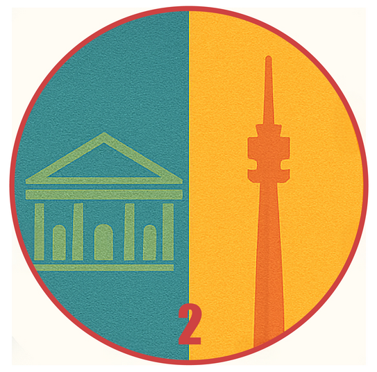 A round logo, on the left half you see the Opera House of Bayreuth, on the right side the Florian tower of Dortmund